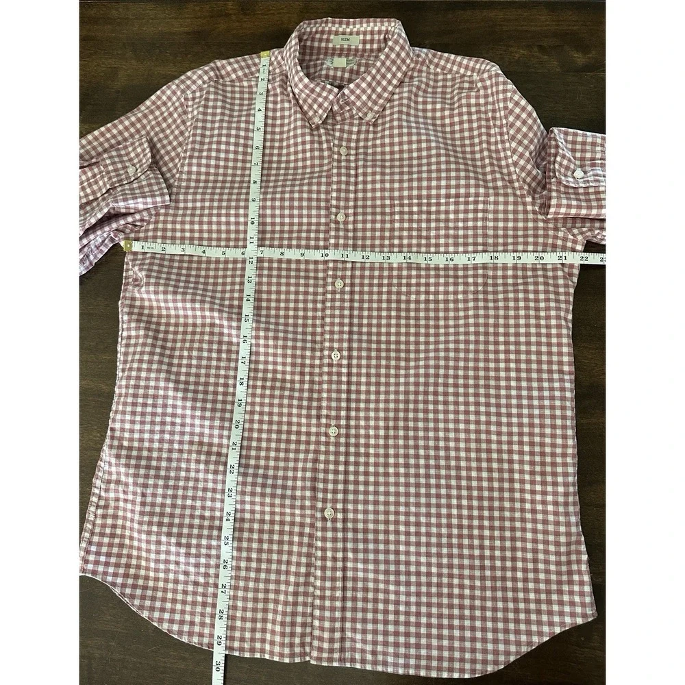 J. Crew Secret Wash Stretch Button Down Shirt Mens Large Slim Pink Plaid Cotton‎